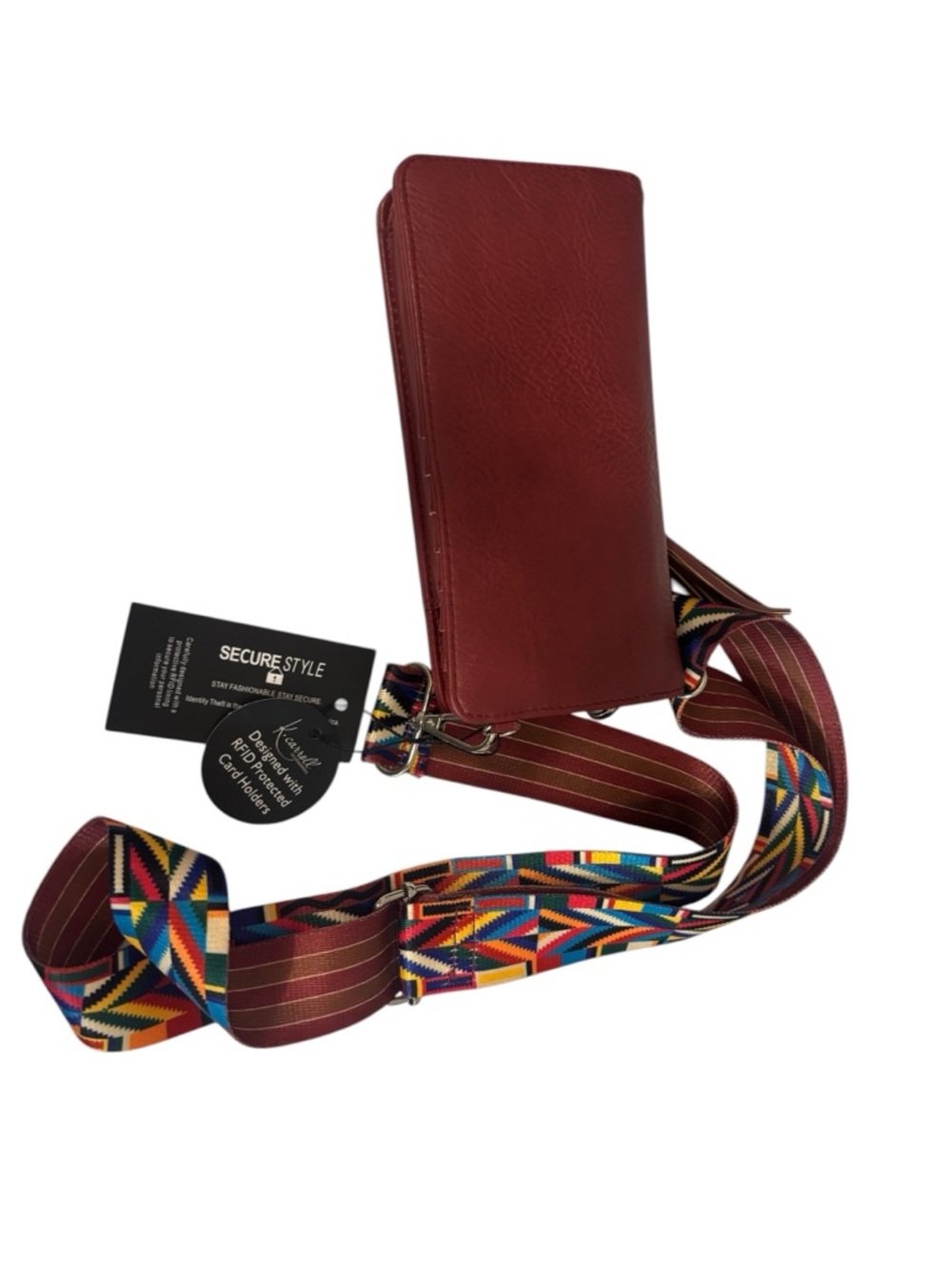 Burgundy Crossbody Belt Bag with Multicolor Adjustable Strap